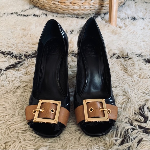 Tory Burch Shoes - Tory Burch Black Tan Buckle Peep Toe Pumps 8